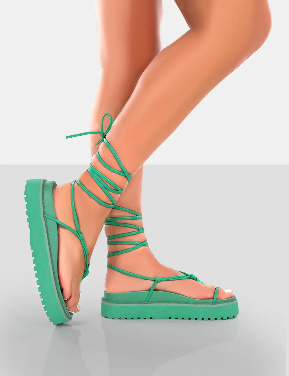 Bebe Green PU Chunky Flatform Lace Up Sandals