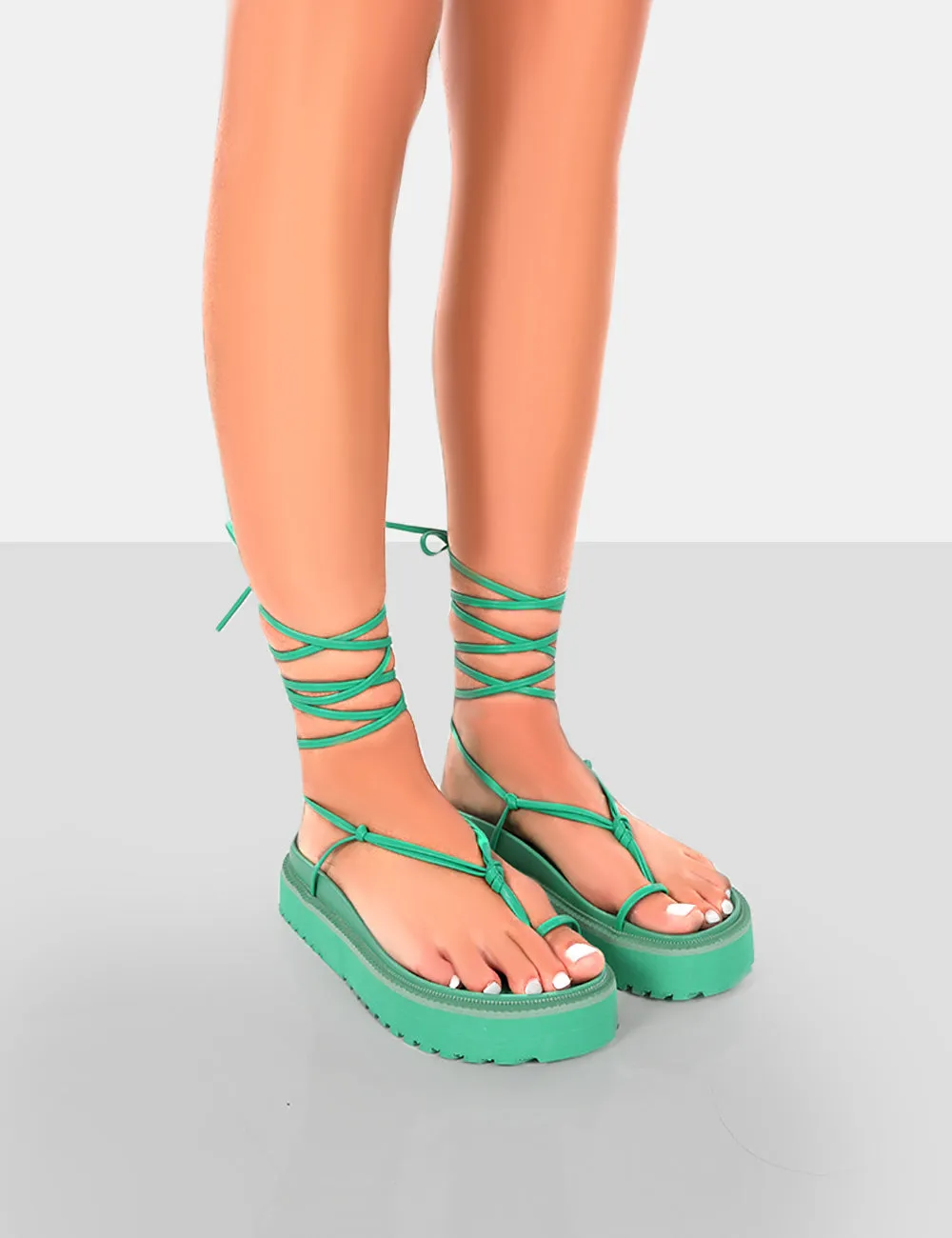 Bebe Green PU Chunky Flatform Lace Up Sandals