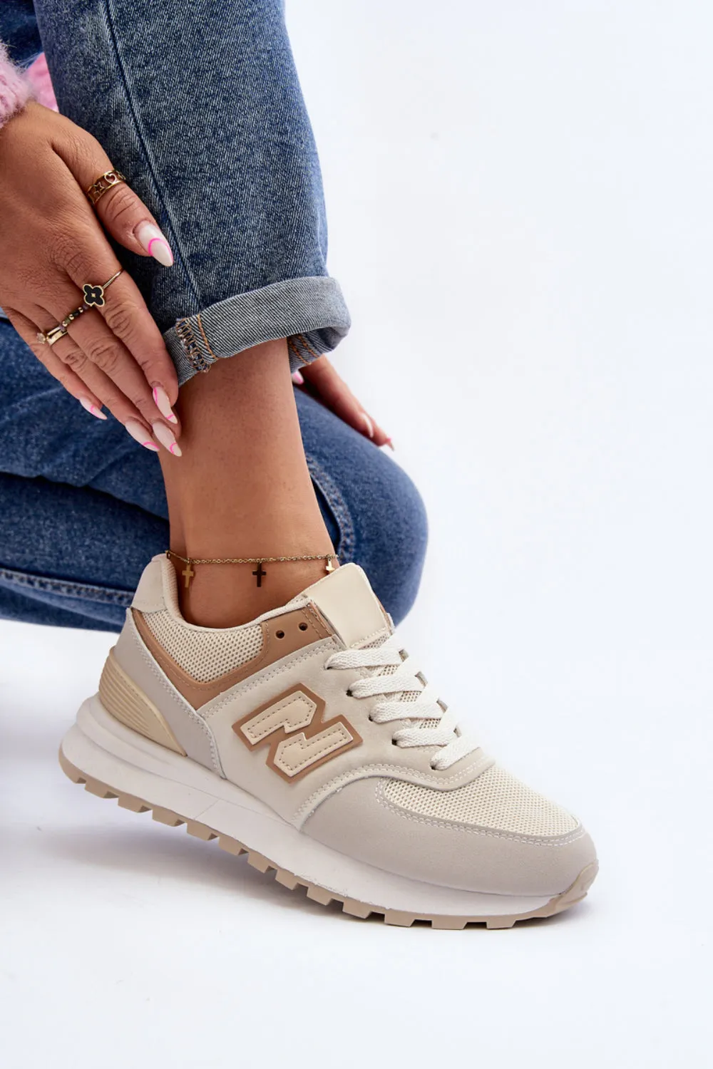 BEIGE LACE UP SIDE DETAIL CHUNKY FASHION DESIGNER TRAINERS