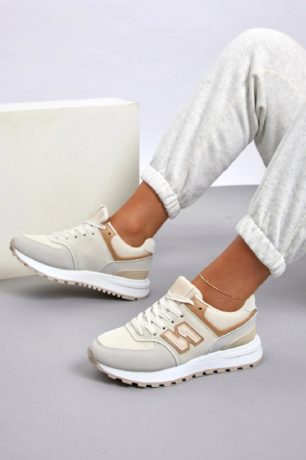 BEIGE LACE UP SIDE DETAIL CHUNKY FASHION DESIGNER TRAINERS