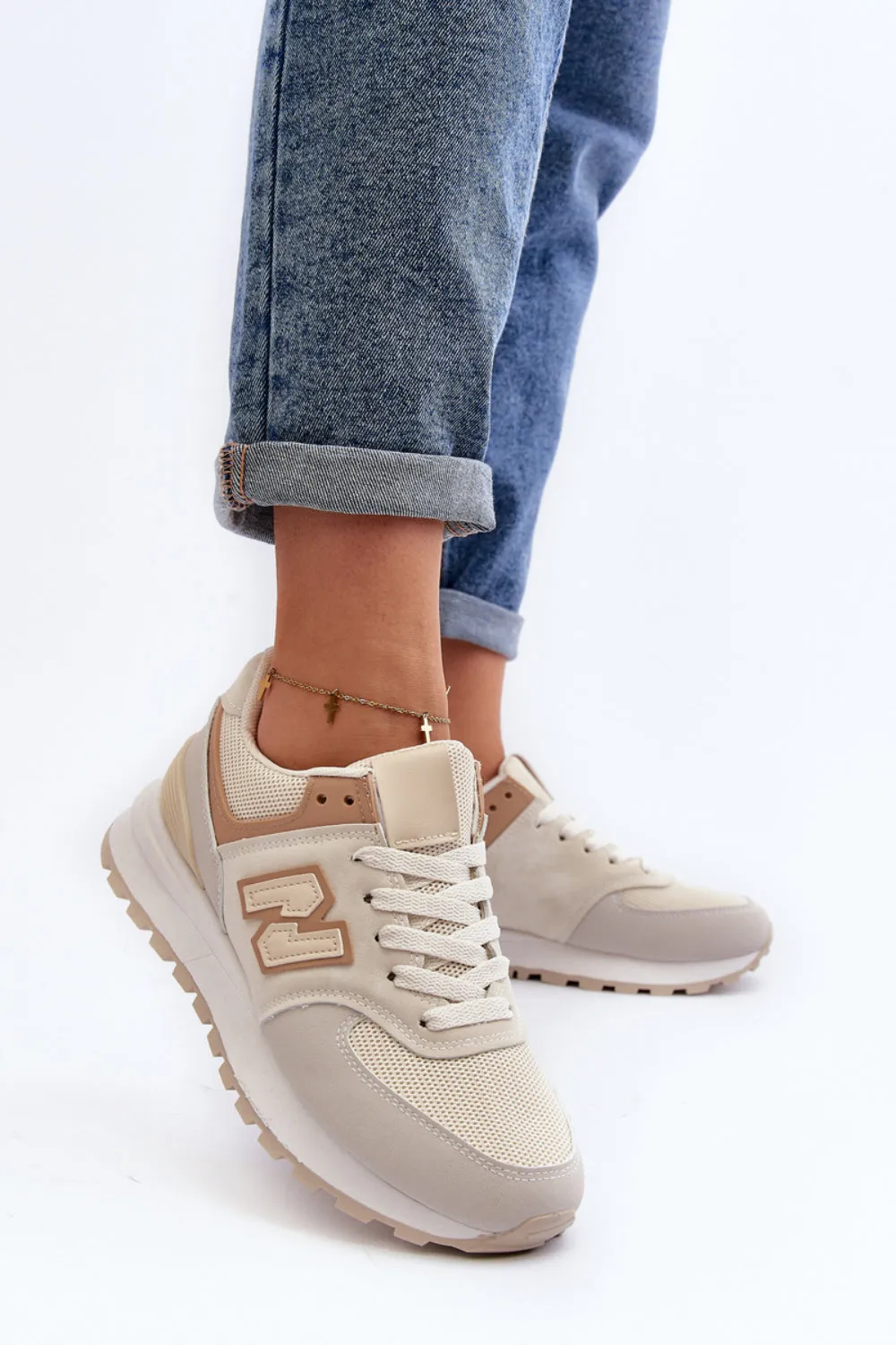 BEIGE LACE UP SIDE DETAIL CHUNKY FASHION DESIGNER TRAINERS