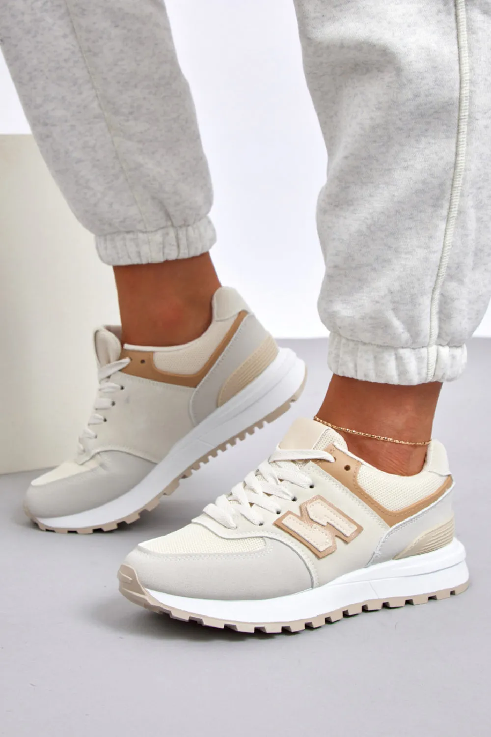 BEIGE LACE UP SIDE DETAIL CHUNKY FASHION DESIGNER TRAINERS