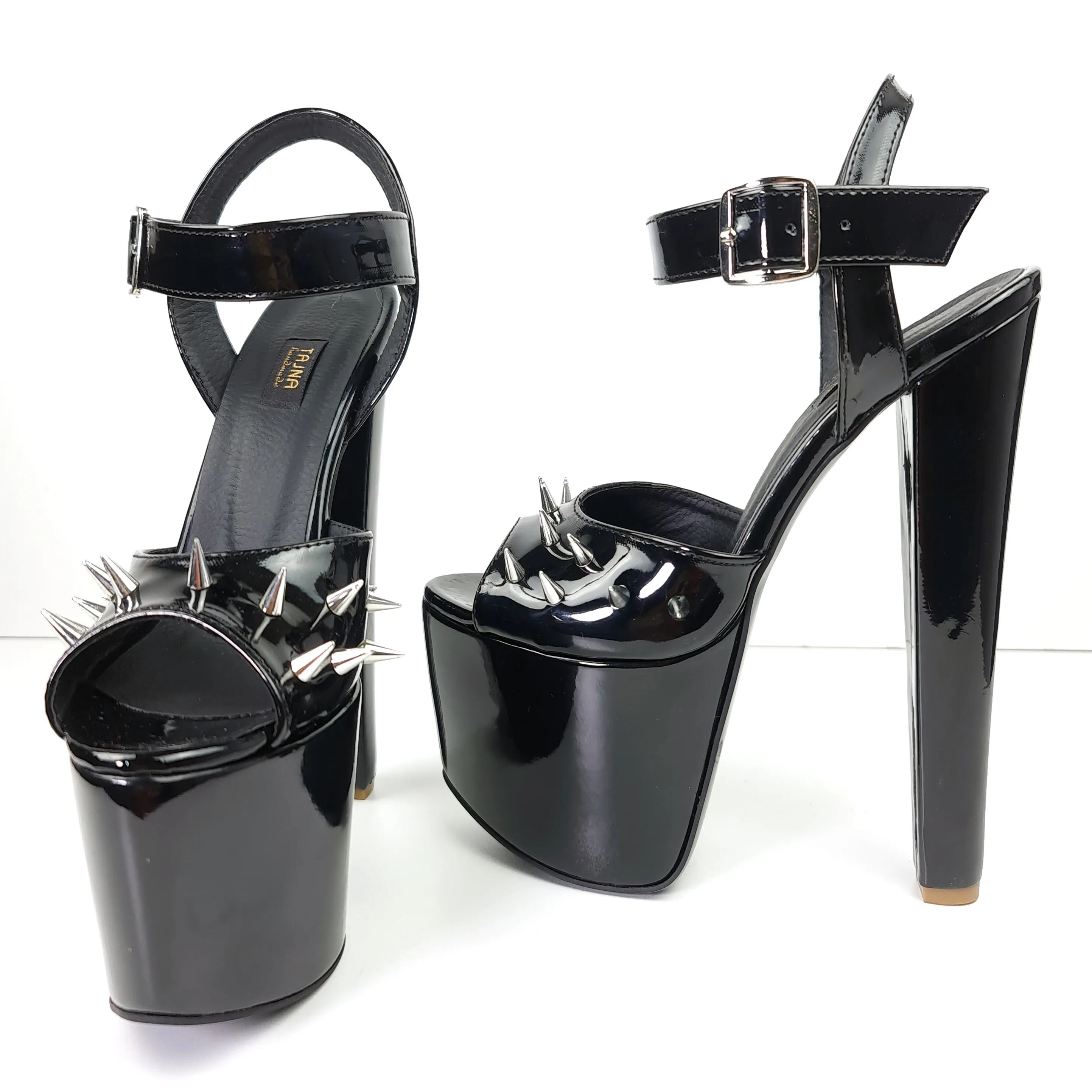 Black Gloss Spike Strap Chunky High Heel Sandals