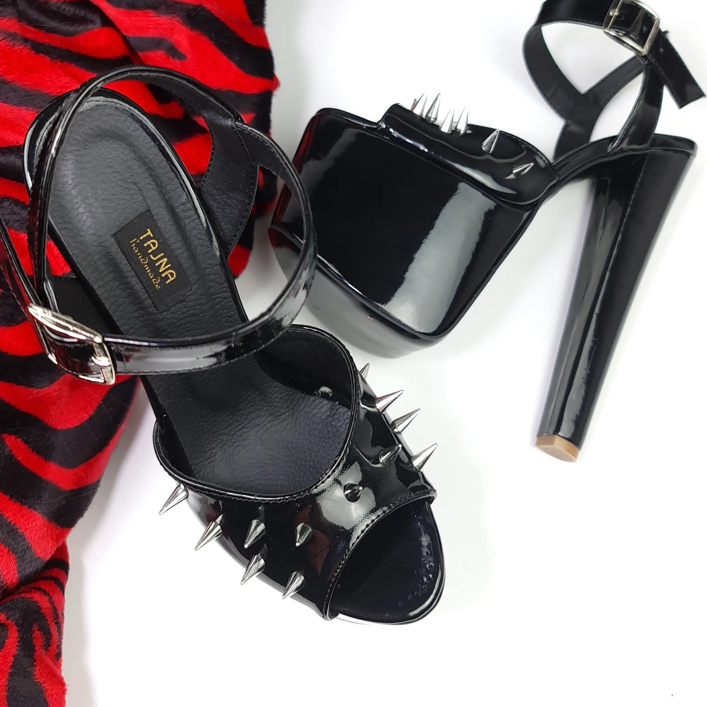 Black Gloss Spike Strap Chunky High Heel Sandals