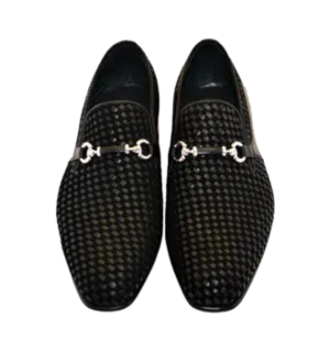 Black Men's Suede and Leather Shoes Hand Made Woven Loafer C0220-5776