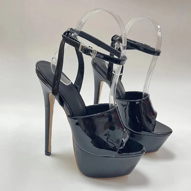 Black Platform Open Toe Super Thin High Heel Patent Leather High Heel