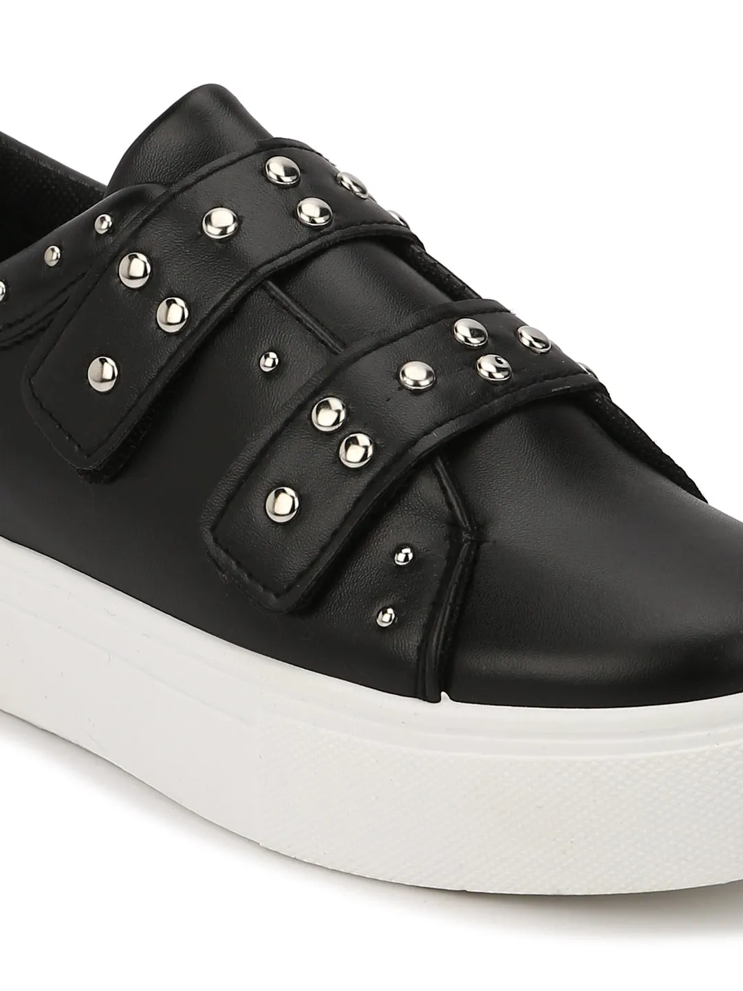 Black PU Studded Strap Slip-On Sneakers