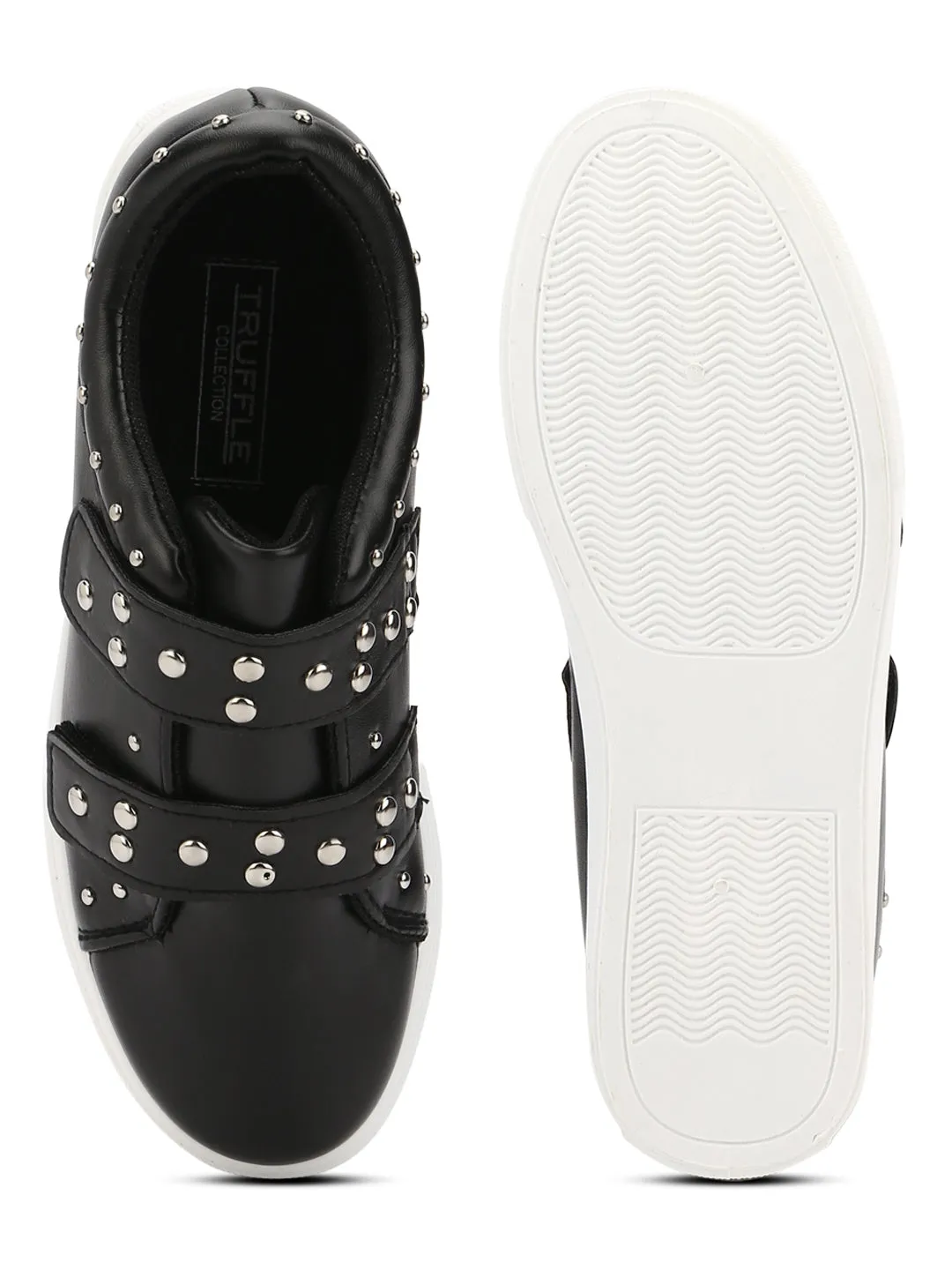 Black PU Studded Strap Slip-On Sneakers