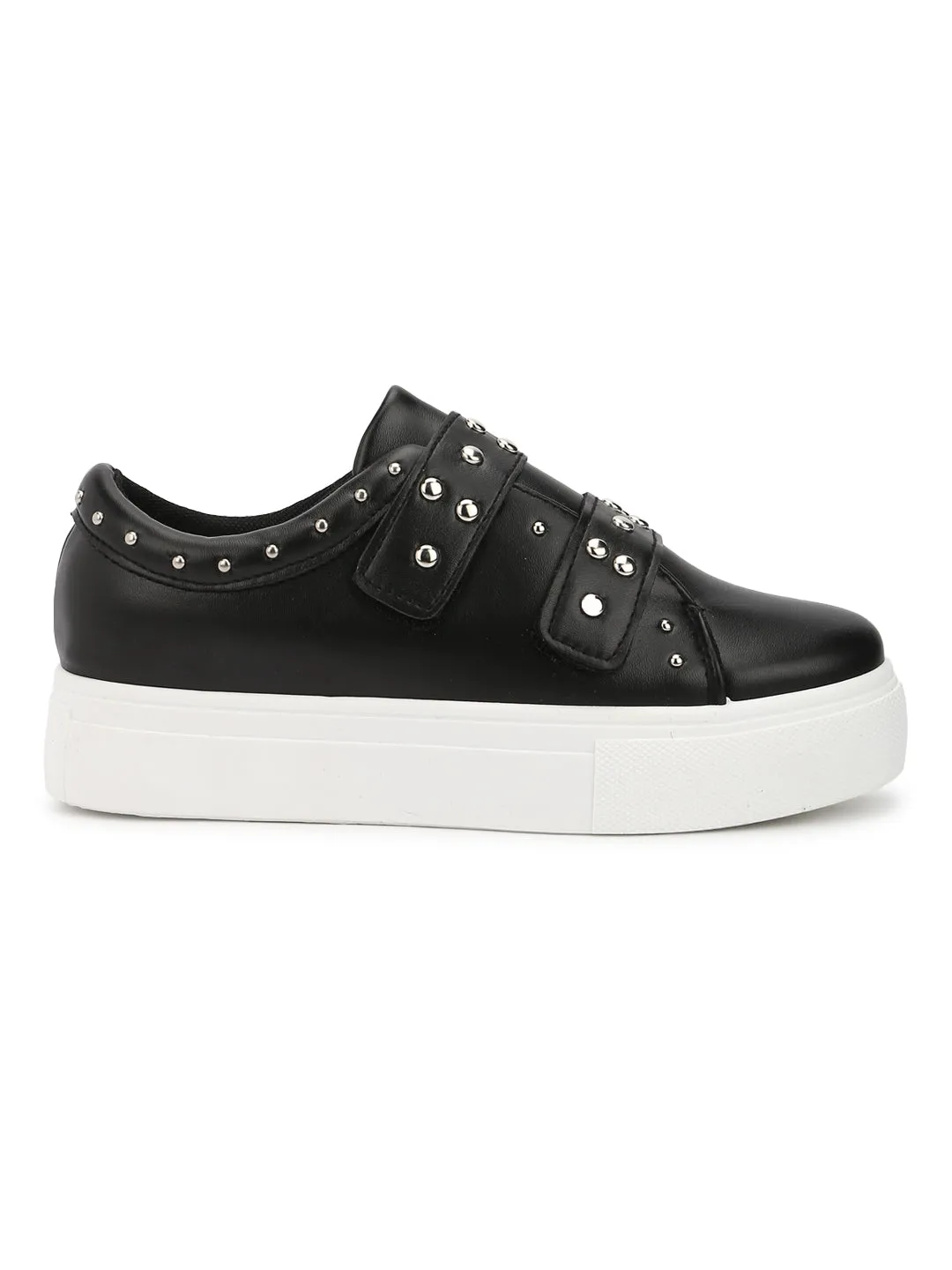 Black PU Studded Strap Slip-On Sneakers