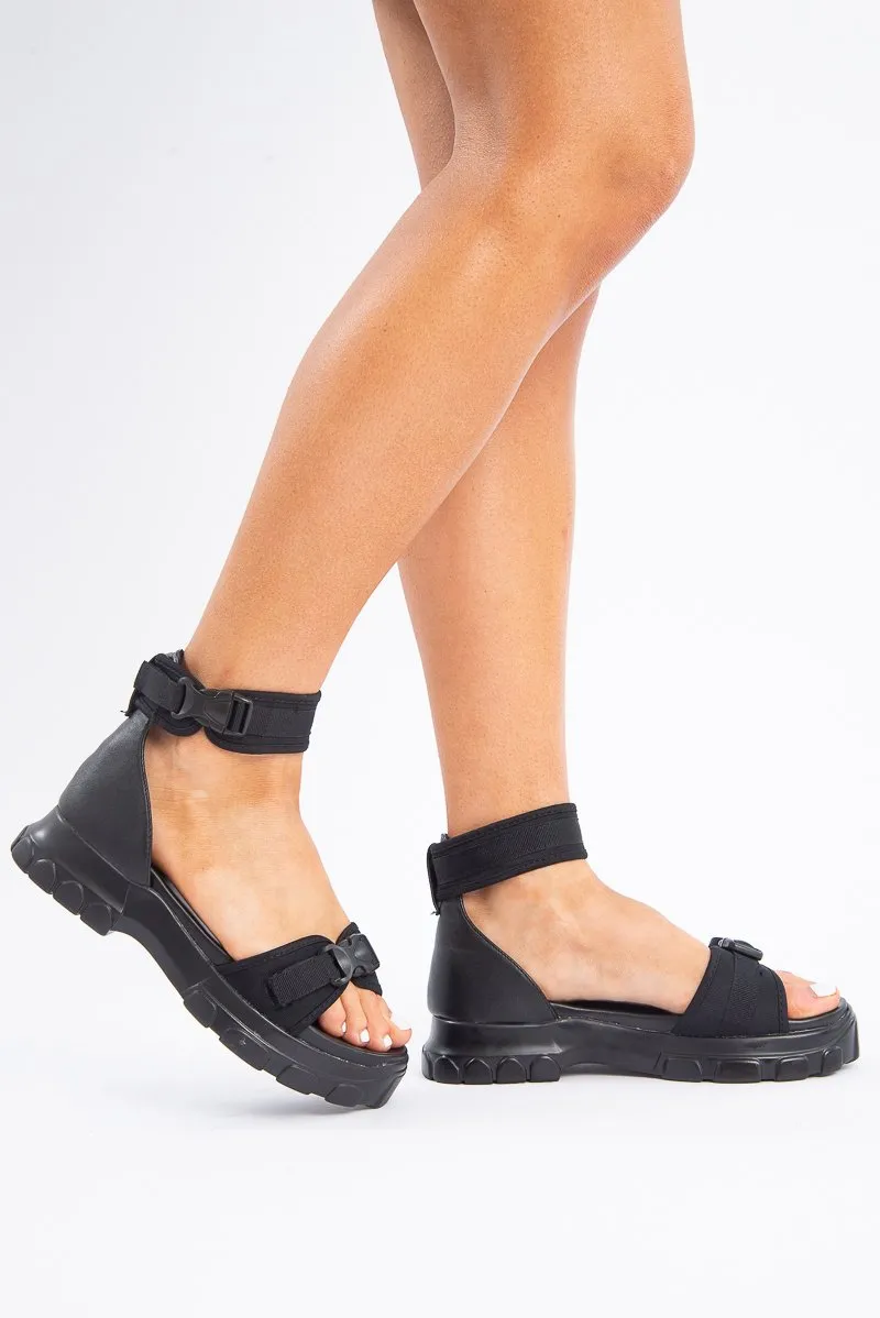 Black Utility Buckle Strap Chunky Sandals - Georgena