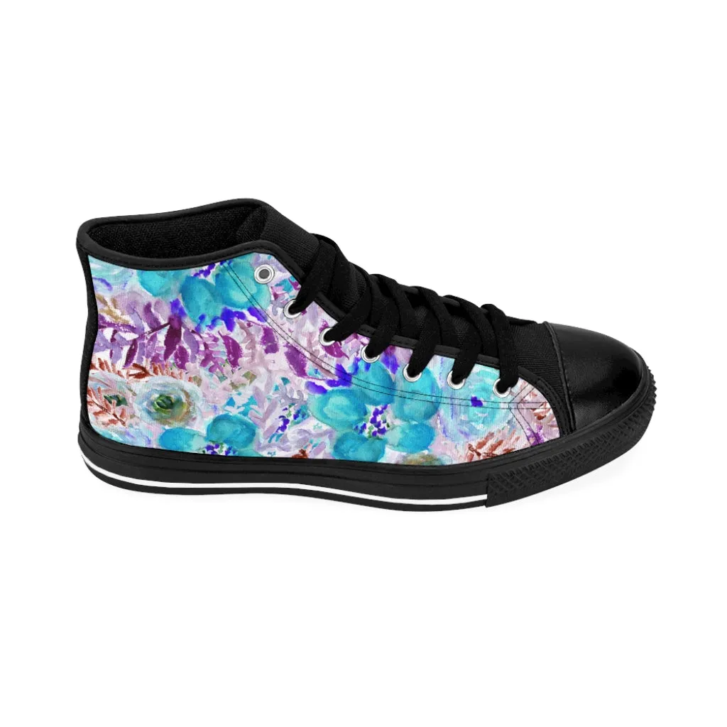 Blue Floral Women's Sneakers, Flower Print Designer High-top Sneakers Tennis Shoes (US Size: 6-12)