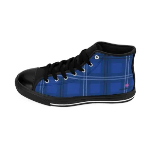 Blue Plaid Women's High-top Sneakers, Tartan Print Ladies' Fashionable Tennis Shoes (US Size: 6-12)