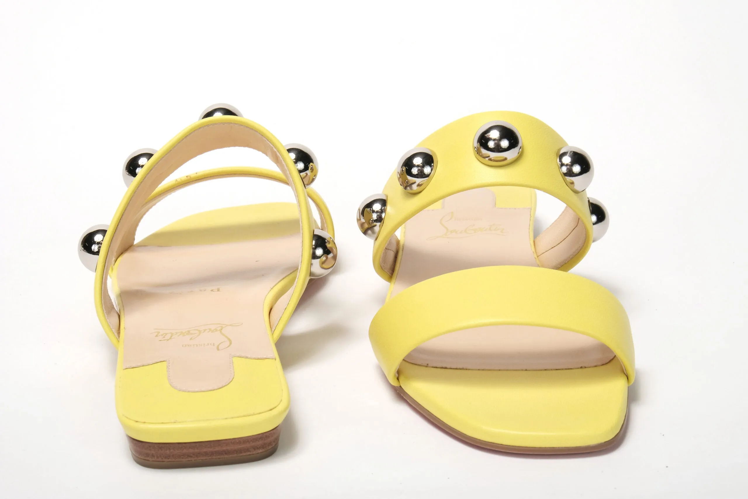 Bright Yellow Silver Wide Strap Studded Flat