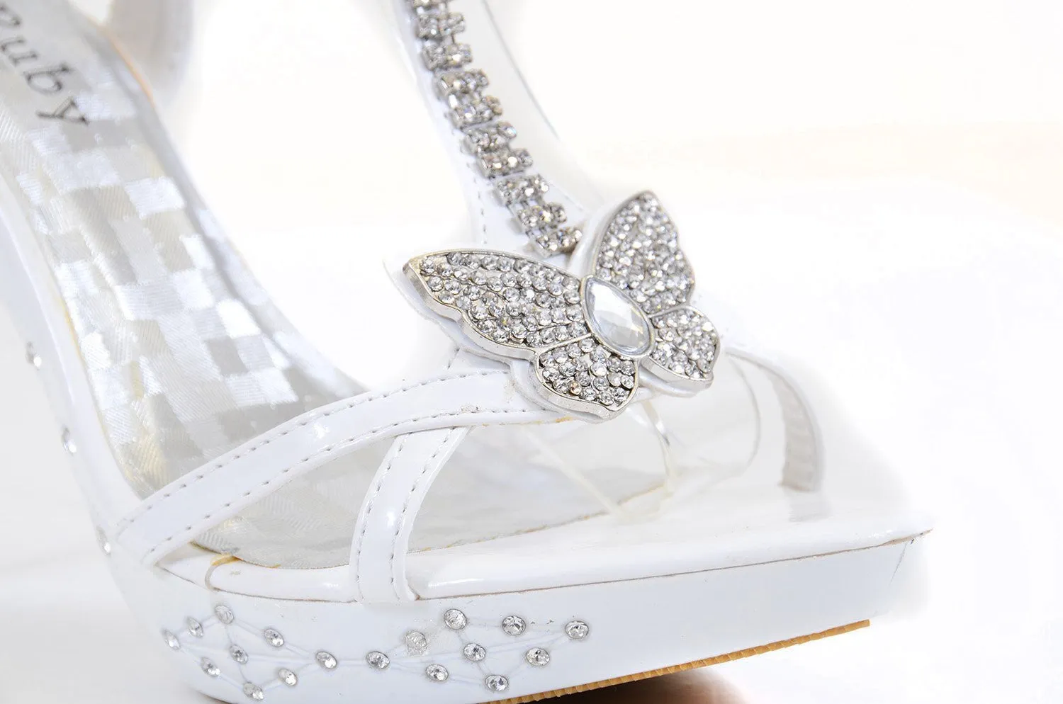 Butterfly Jeweled White Formal Wedding Bridal Heel Sandal