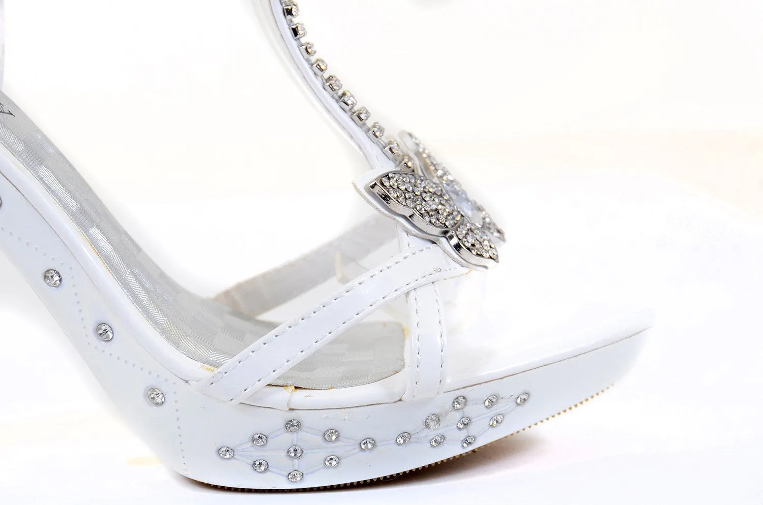 Butterfly Jeweled White Formal Wedding Bridal Heel Sandal