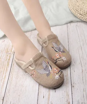 Casual Khaki Embroideried Linen Fabric Slippers Shoes