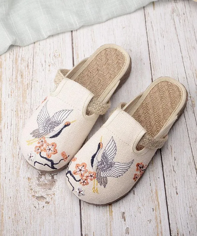 Casual Khaki Embroideried Linen Fabric Slippers Shoes