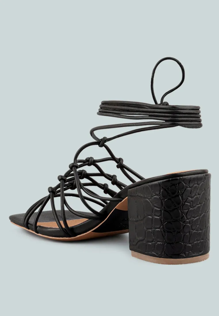 FONDA Croc Patterned Black Handcrafted Lace Up Sandal