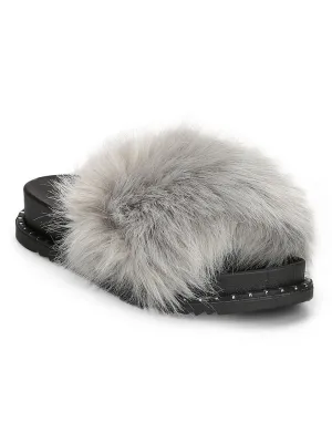 Grey Fur Studded Slip-on Flats