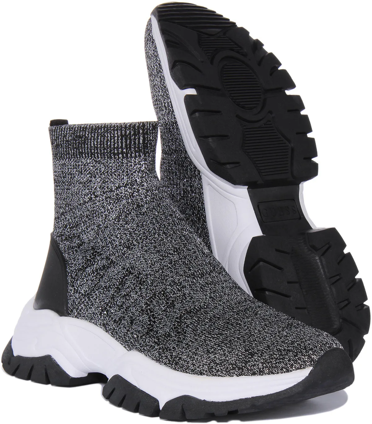 Guess Nollen Sock Trainer In Black Silver For Women