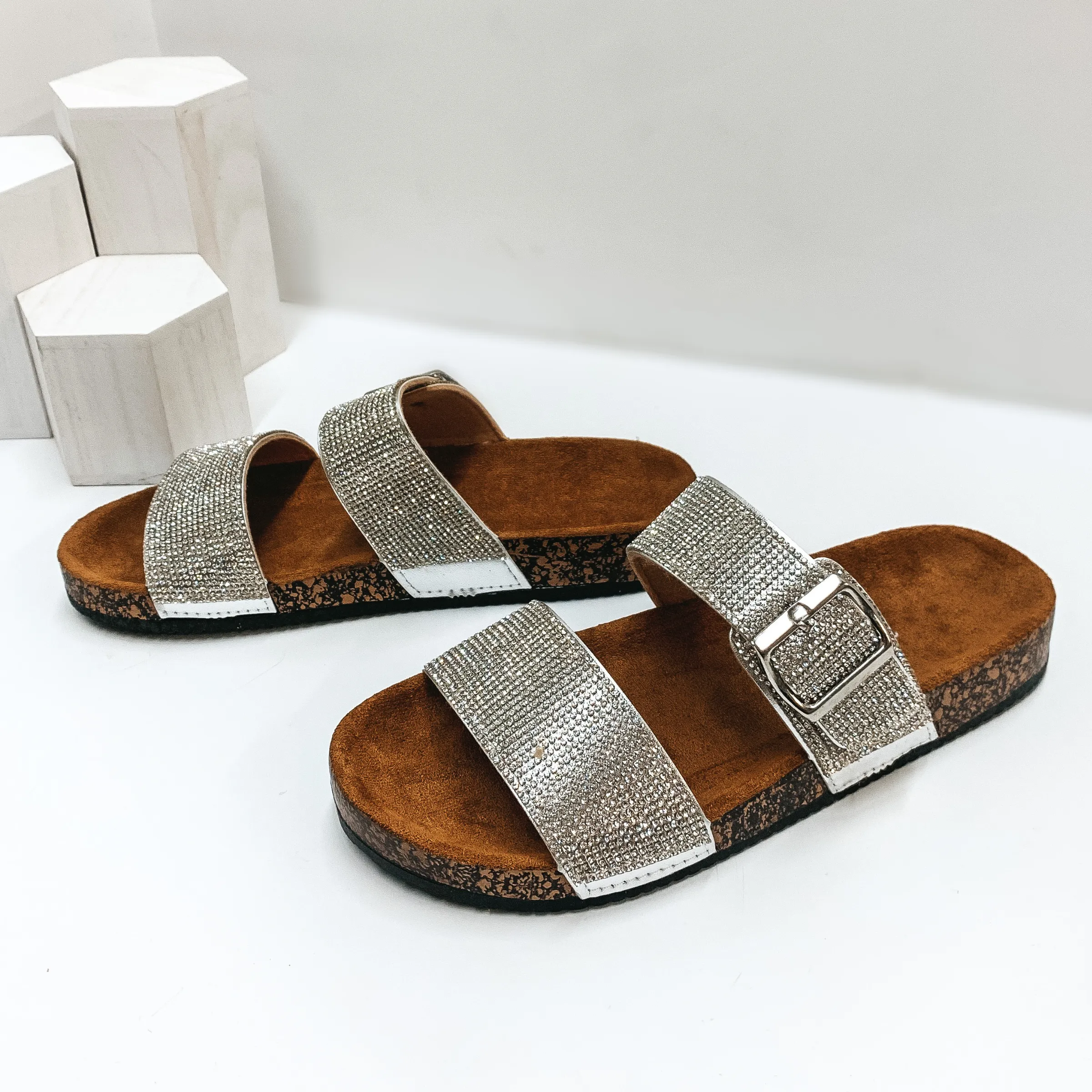 Last Chance Size 6 | Casual Events Buckle Two Strap Crystal Sandals in Silver