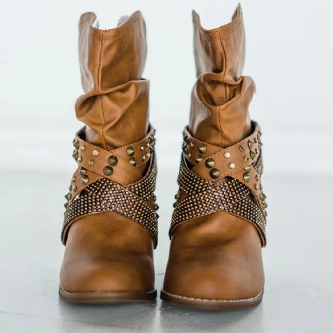 Online Exclusive | Short Change Studded Crisscross Strap Booties in Tan