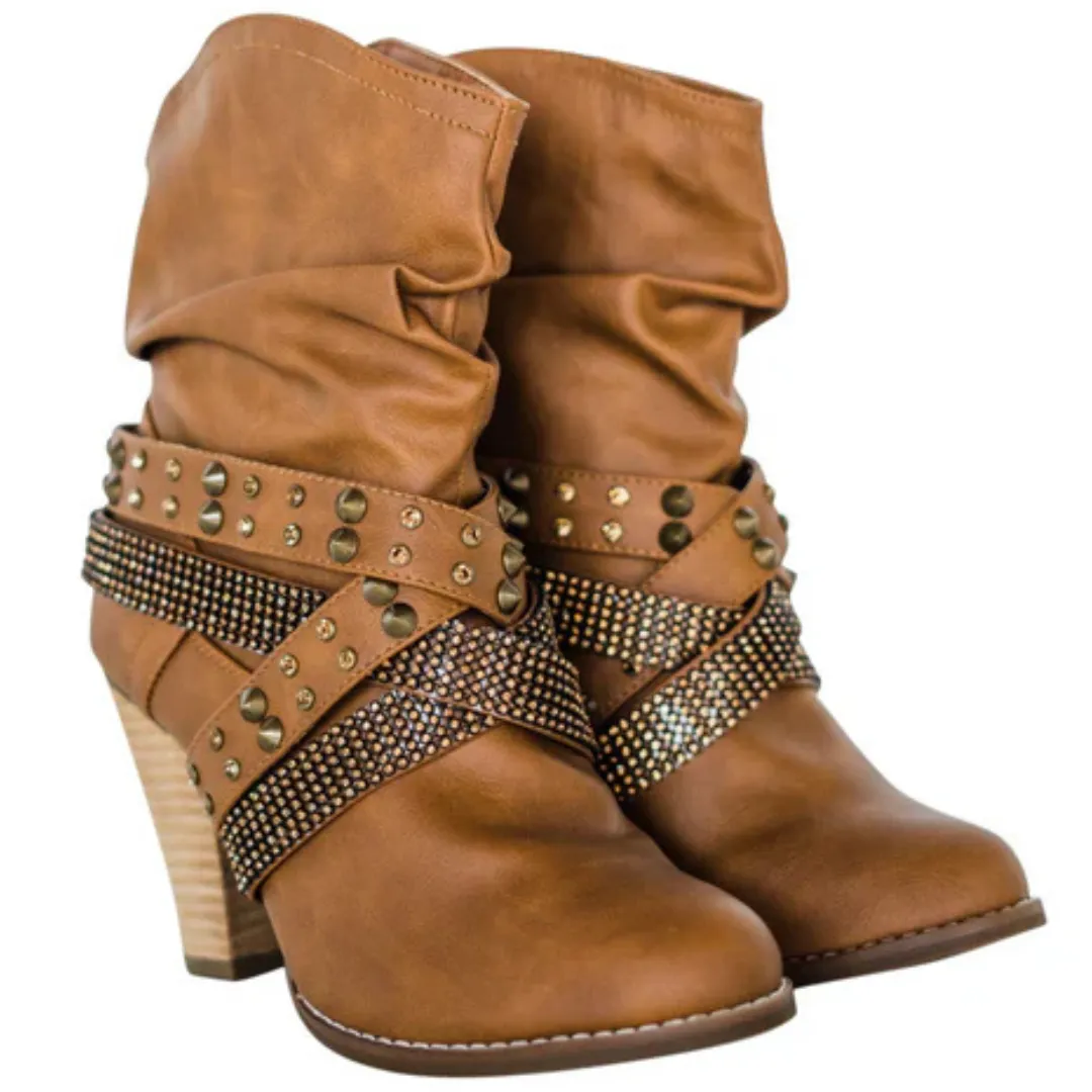 Online Exclusive | Short Change Studded Crisscross Strap Booties in Tan