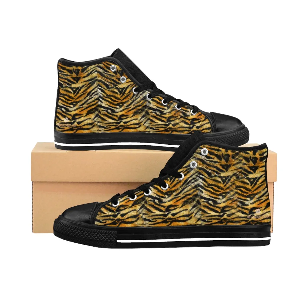 Orange Tiger Men's High-top Sneakers, Striped Animal Print Men's Designer Tennis Running Shoes