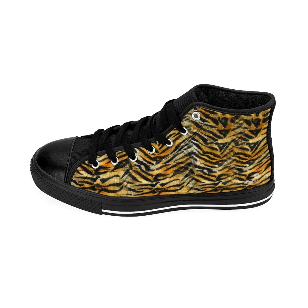 Orange Tiger Men's High-top Sneakers, Striped Animal Print Men's Designer Tennis Running Shoes