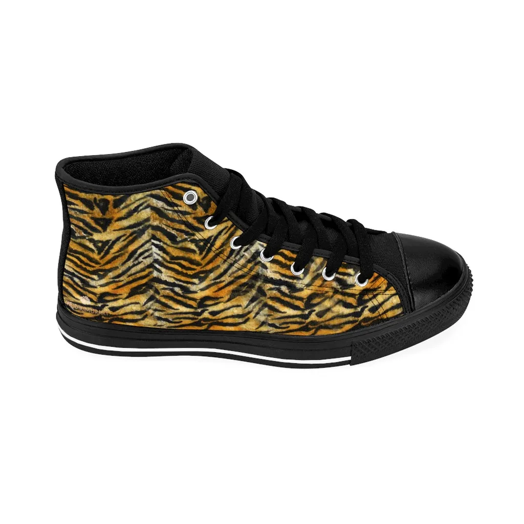 Orange Tiger Men's High-top Sneakers, Striped Animal Print Men's Designer Tennis Running Shoes