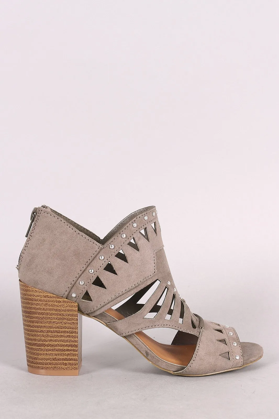 Qupid Suede Studded Peep Toe Cutout Chunky Heeled Booties