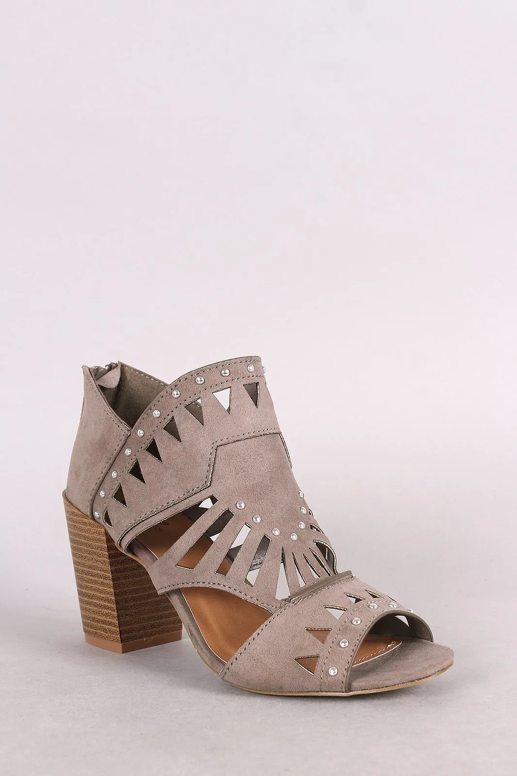 Qupid Suede Studded Peep Toe Cutout Chunky Heeled Booties