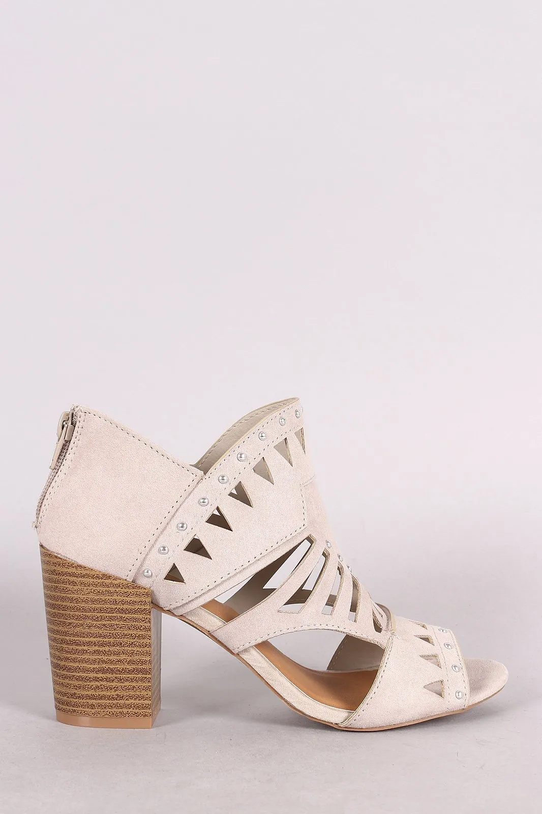 Qupid Suede Studded Peep Toe Cutout Chunky Heeled Booties