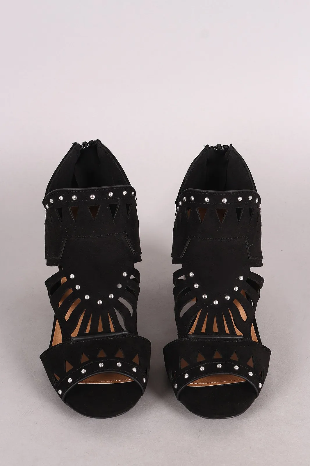 Qupid Suede Studded Peep Toe Cutout Chunky Heeled Booties