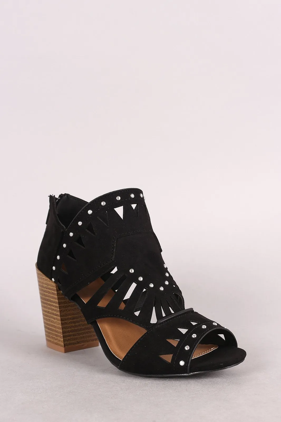 Qupid Suede Studded Peep Toe Cutout Chunky Heeled Booties