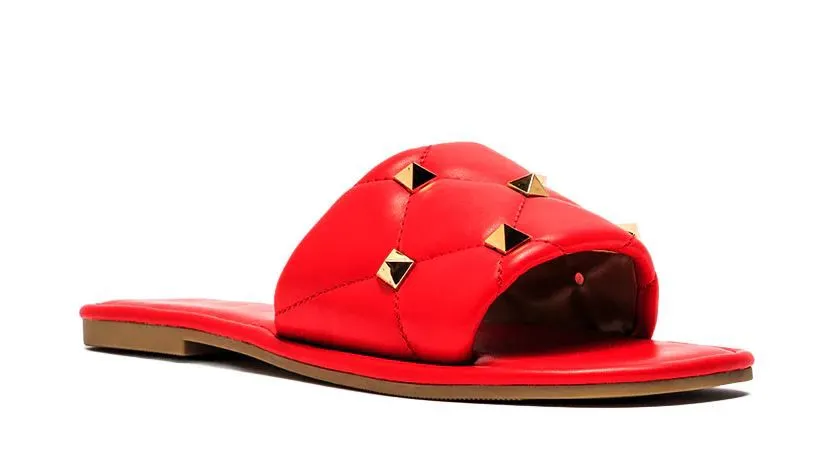 Red Studded Single Strap Flat Sandals - Final Sale