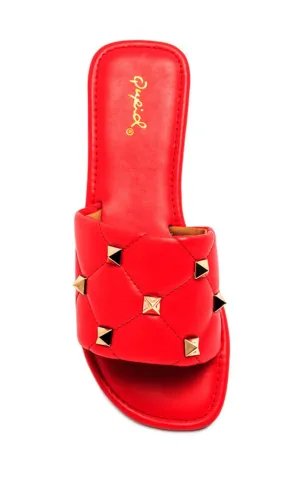 Red Studded Single Strap Flat Sandals - Final Sale