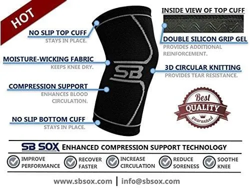 SB SOX Compression Knee Brace for Knee Pain - Braces and Supports Knee for Pain Relief, Meniscus Tear, Arthritis, Injury, Running, Joint Pain, Support (Medium, Black/Gray)