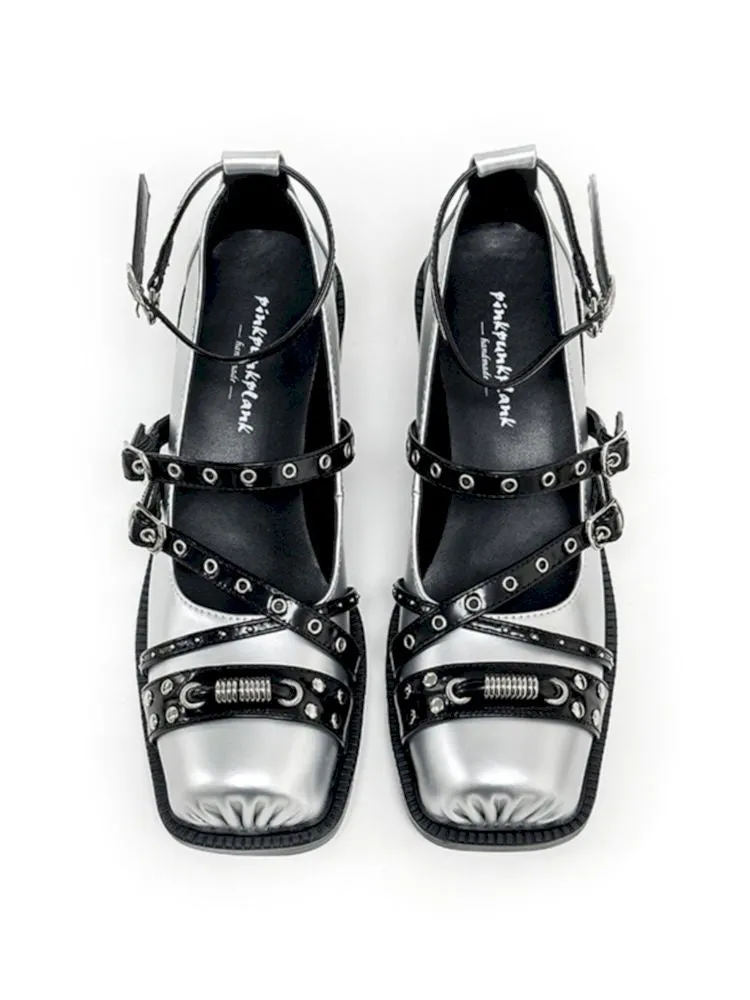 Silver Punk Pig Nose Square Toe Studded Mary Jane Single Shoes【s0000006661】