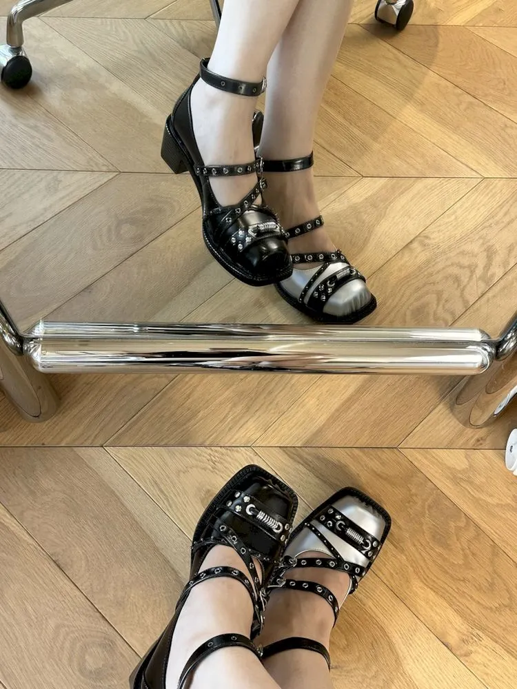 Silver Punk Pig Nose Square Toe Studded Mary Jane Single Shoes【s0000006661】