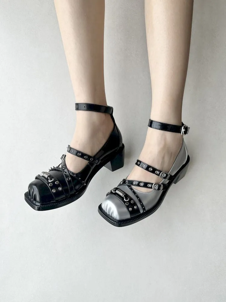 Silver Punk Pig Nose Square Toe Studded Mary Jane Single Shoes【s0000006661】