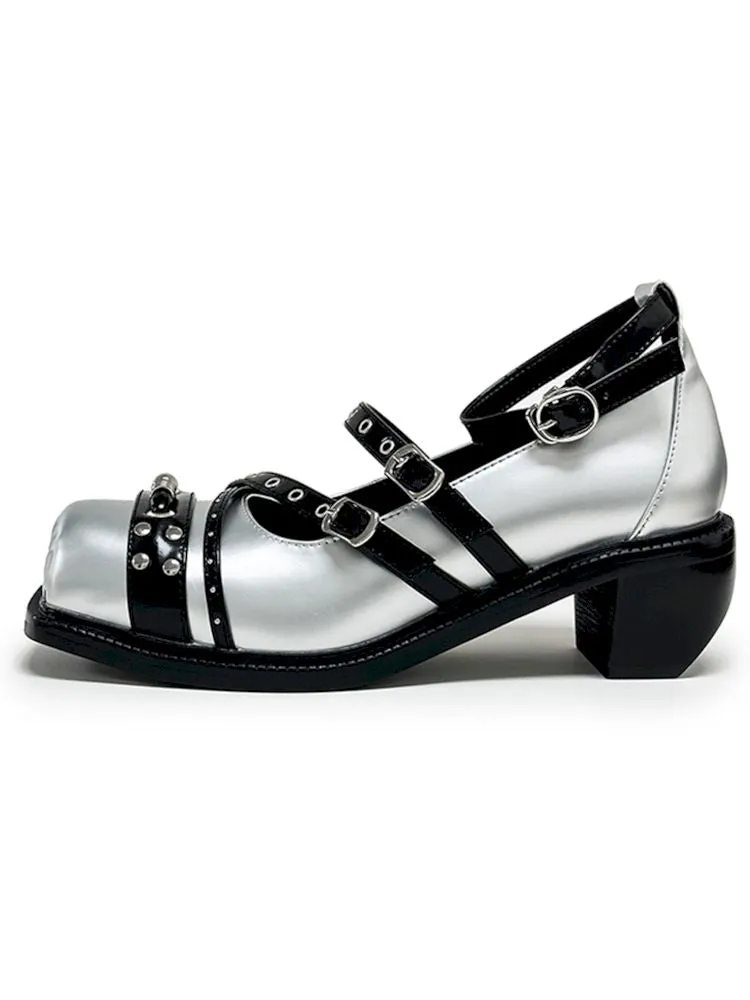 Silver Punk Pig Nose Square Toe Studded Mary Jane Single Shoes【s0000006661】