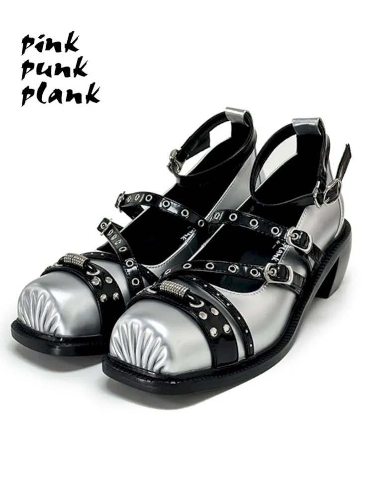 Silver Punk Pig Nose Square Toe Studded Mary Jane Single Shoes【s0000006661】