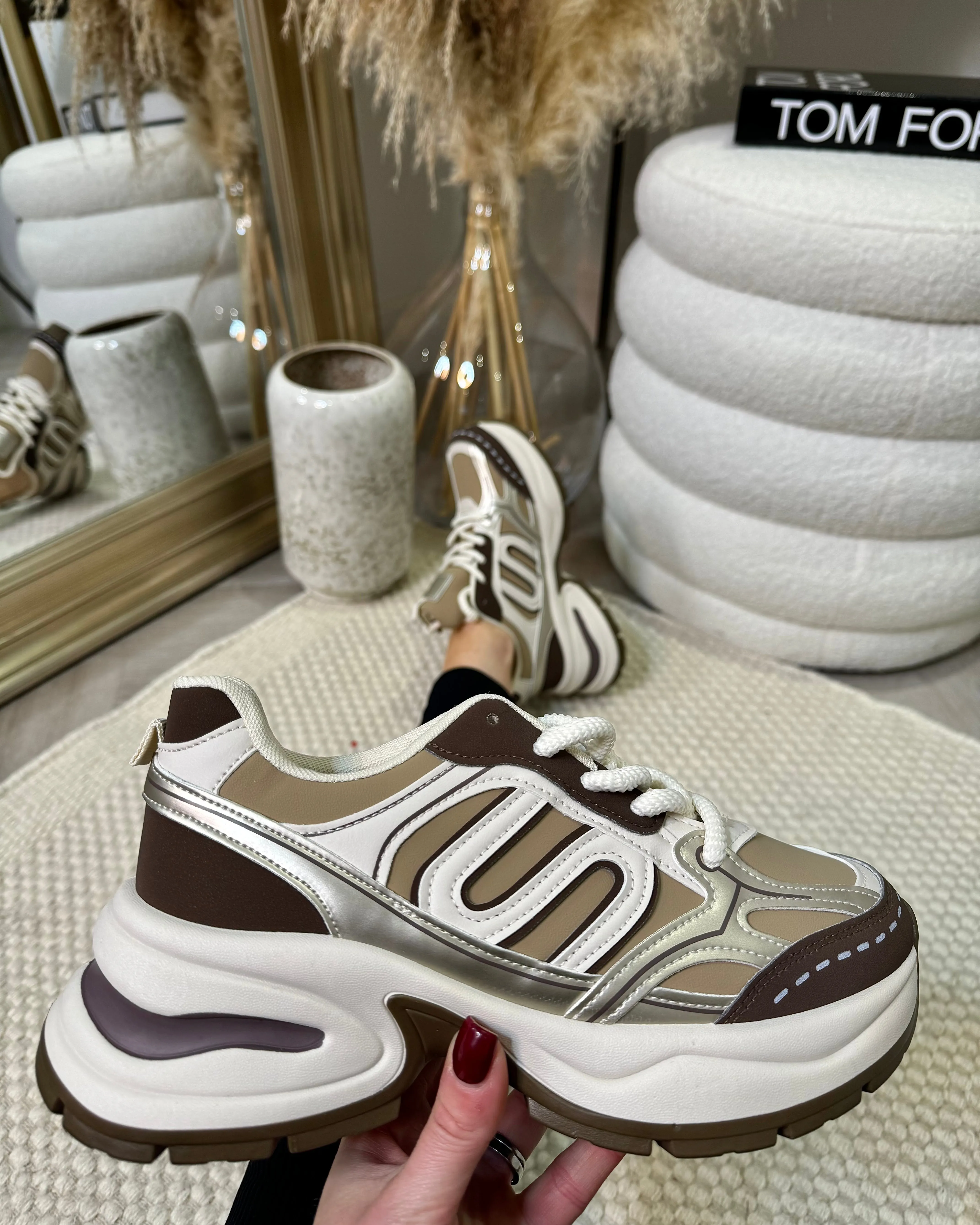 Soraya Chunky Lace Up Metallic Style Trainer - Brown