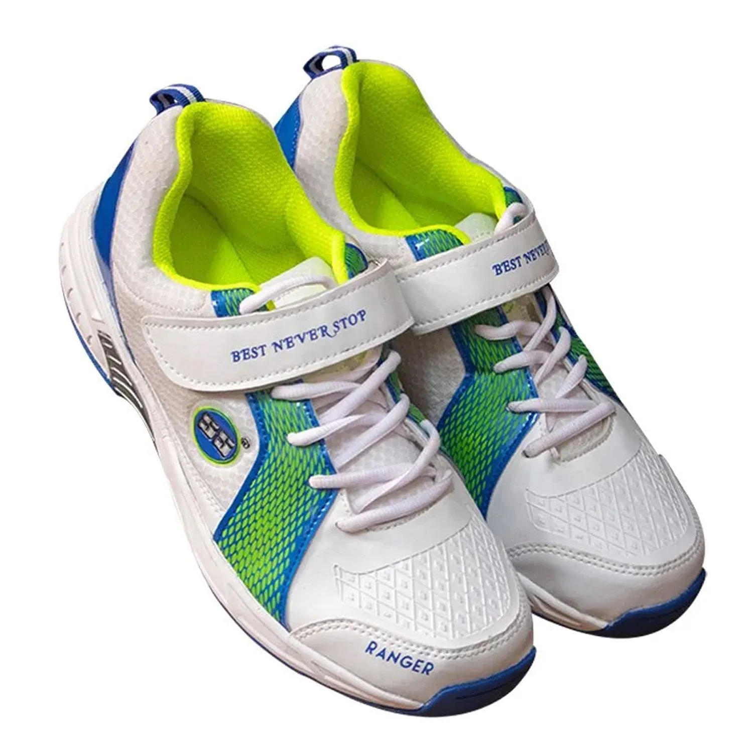 SS Ranger Metal Spikes Cricket Shoes, White/R Blue/Lime