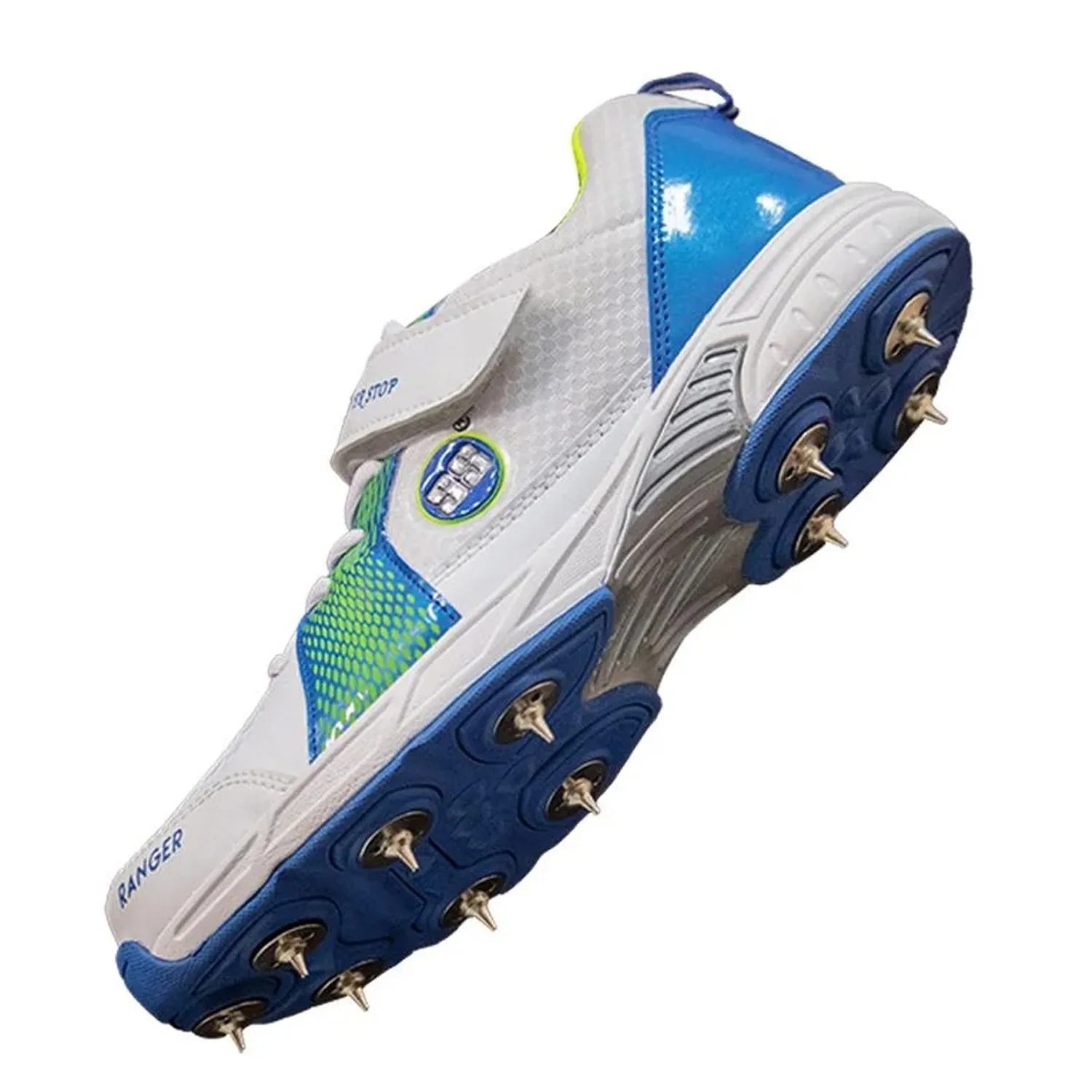 SS Ranger Metal Spikes Cricket Shoes, White/R Blue/Lime