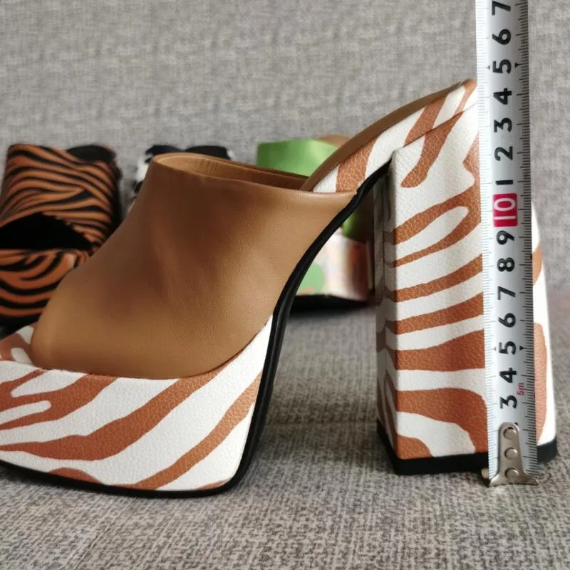 Striped Square Toe High Heel Platform Sandals