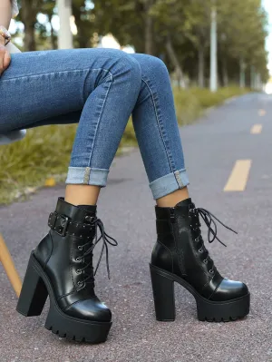 Studded & Buckle Decor Lace-up Boots