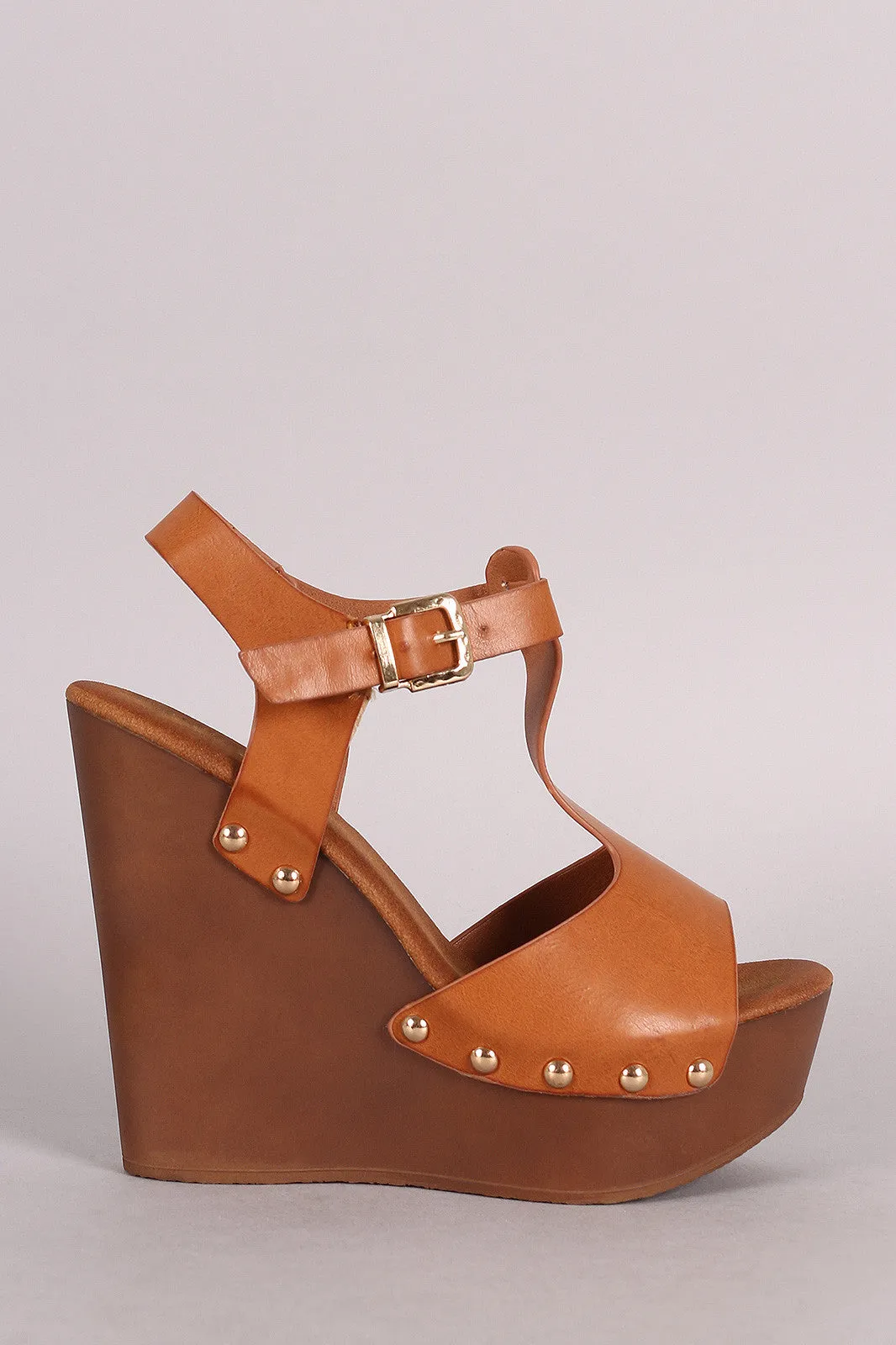 Studded T-Strap Faux Wooden Platform Wedge