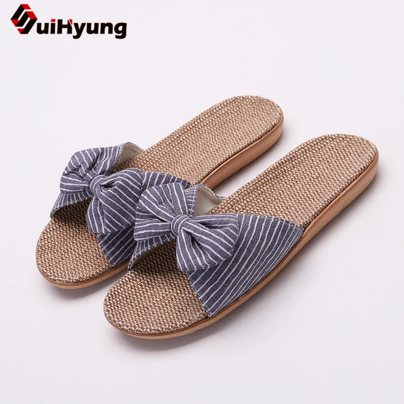 SUI-HYUNG  Casual Flax Summer Beach Sandals with Bow Accent - Variety Colors